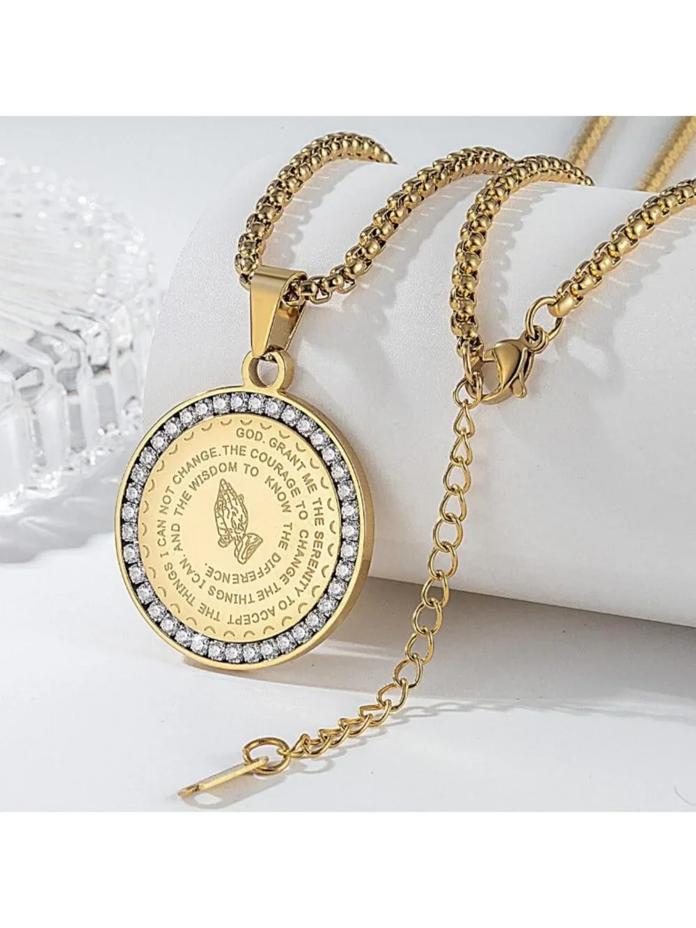 Stainless Steel Serenity Prayer Necklace with Praying Hands Coin Pendant for All